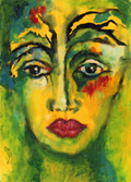 Abstract painting of a face with vibrant colors on a textured background