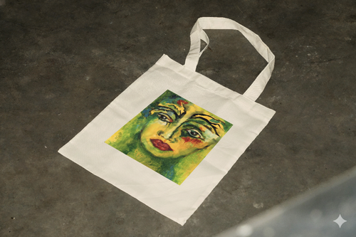 Tote bag with an original artwork face design on a canvas tote