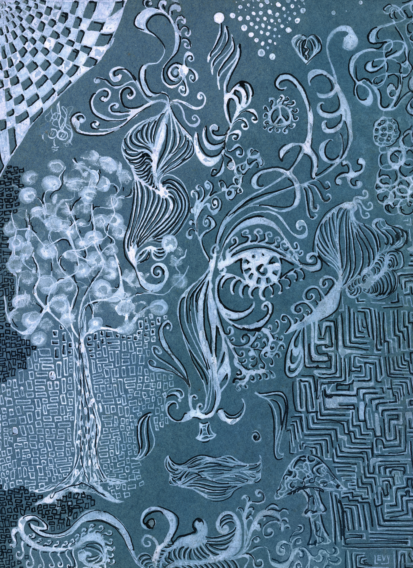 Abstract artwork with intricate patterns and shapes on a blue background