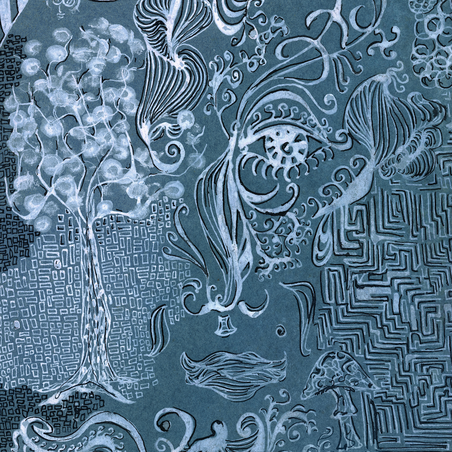 Abstract blue design with intricate patterns and shapes on a textured background